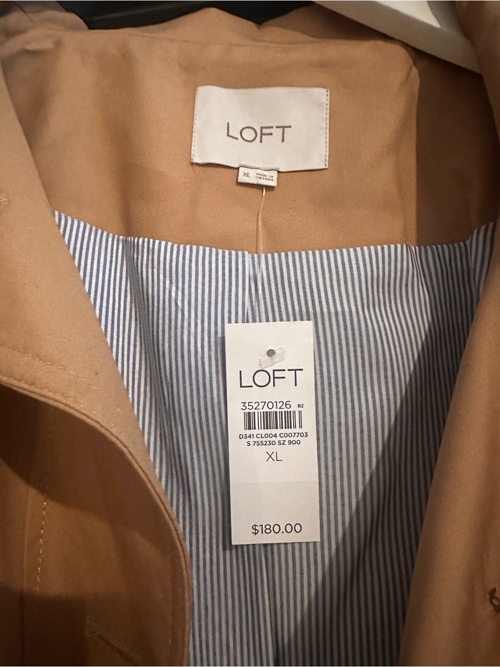 LOFT Camel/Tan Trench Coat with Striped Lining - Picture 3 of 5